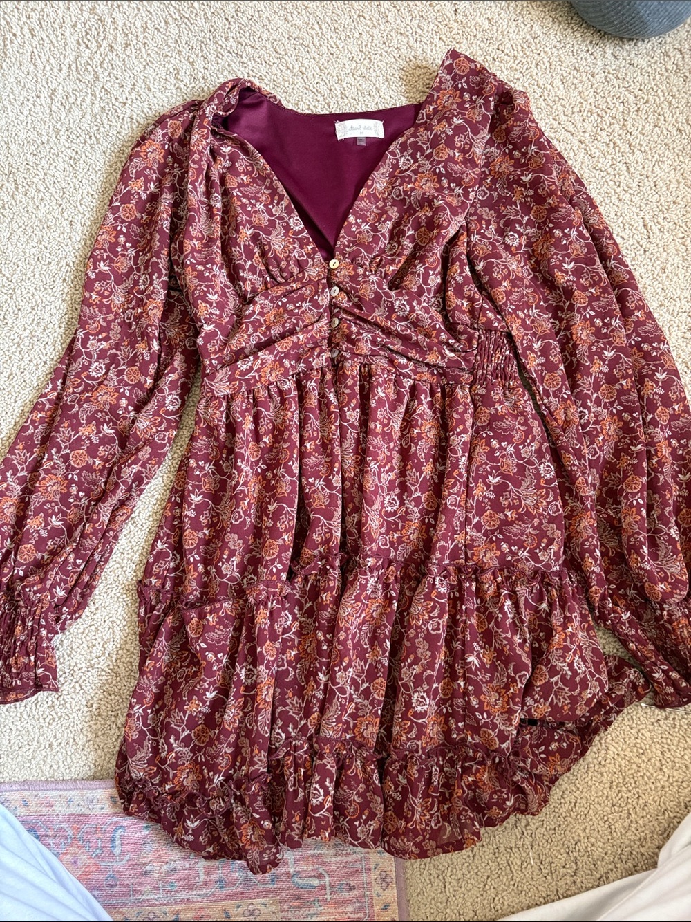 Altar'd State Burgundy Floral-Trim V-Neck Dress